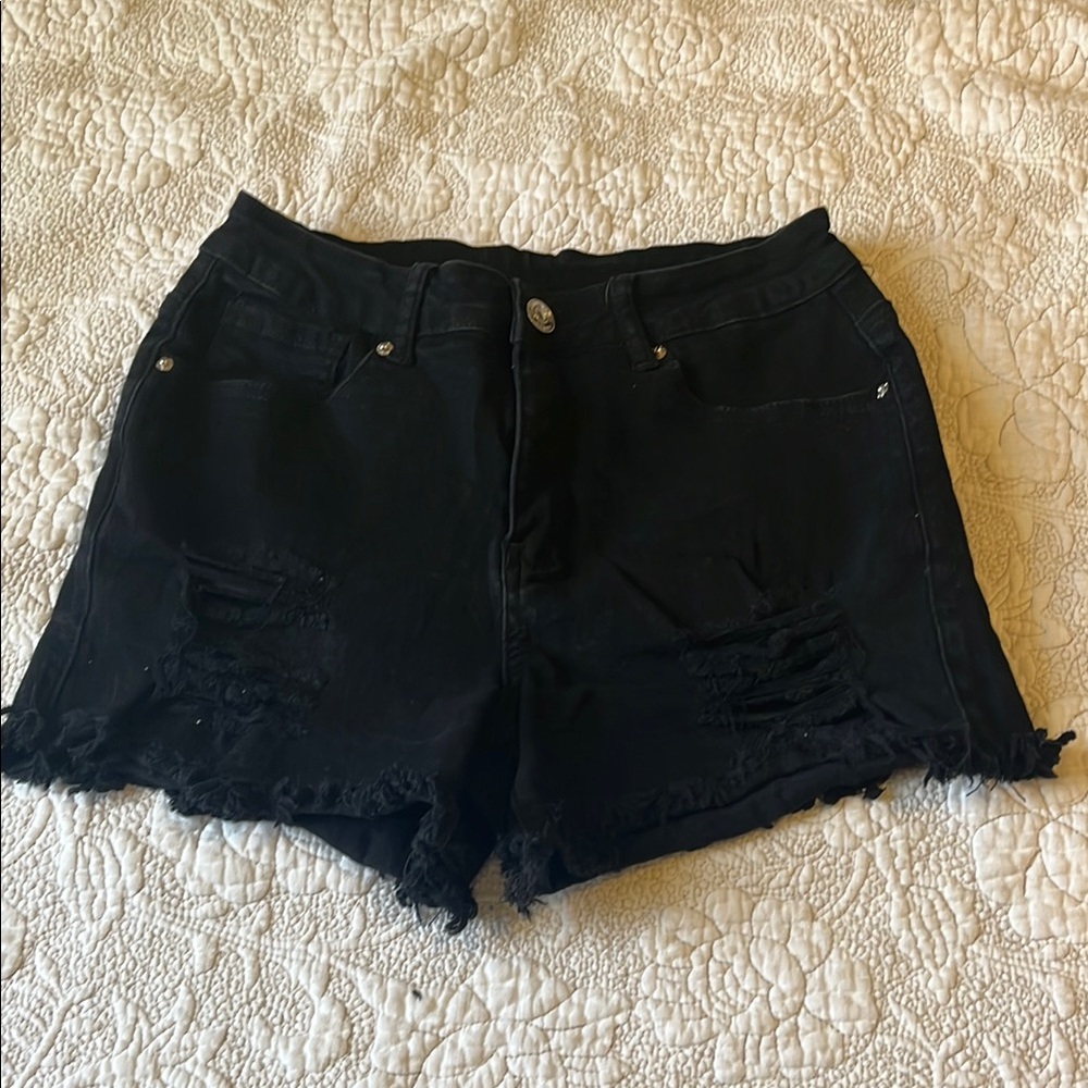 Black Distressed Jean Shorts with Frayed Hem